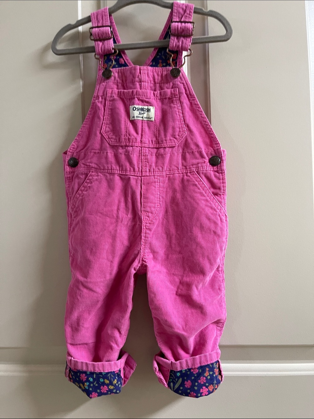 OshKosh B'gosh Hot Pink Corduroy Overalls, and matching Floral Shirt - Picture 10 of 12